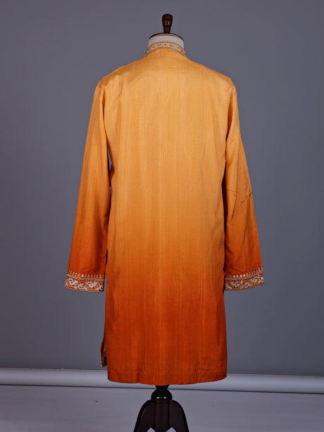 Orange silk blend mens kurta suit with mirror zardozi chevron yoke
