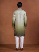 Mehendi green tusser silk mens kurta suit with kashmiri floral stole