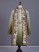 Mehendi green tusser silk mens kurta suit with kashmiri floral stole