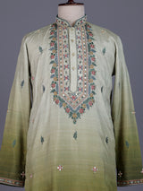 Mehendi green tusser silk mens kurta suit with kashmiri floral stole
