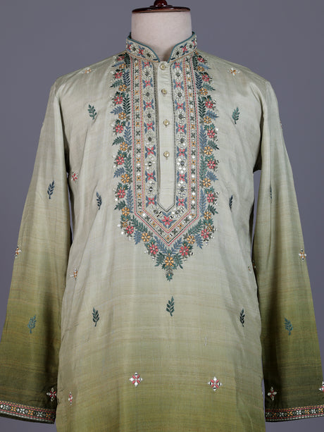 Mehendi green tusser silk mens kurta suit with kashmiri floral stole
