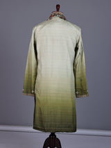 Mehendi green tusser silk mens kurta suit with kashmiri floral stole