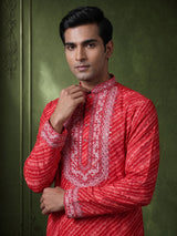 Red Art Silk mens kurta suit with ornate leheriya mirror work yoke