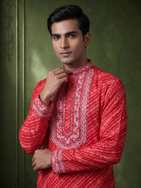 Red Art Silk mens kurta suit with ornate leheriya mirror work yoke