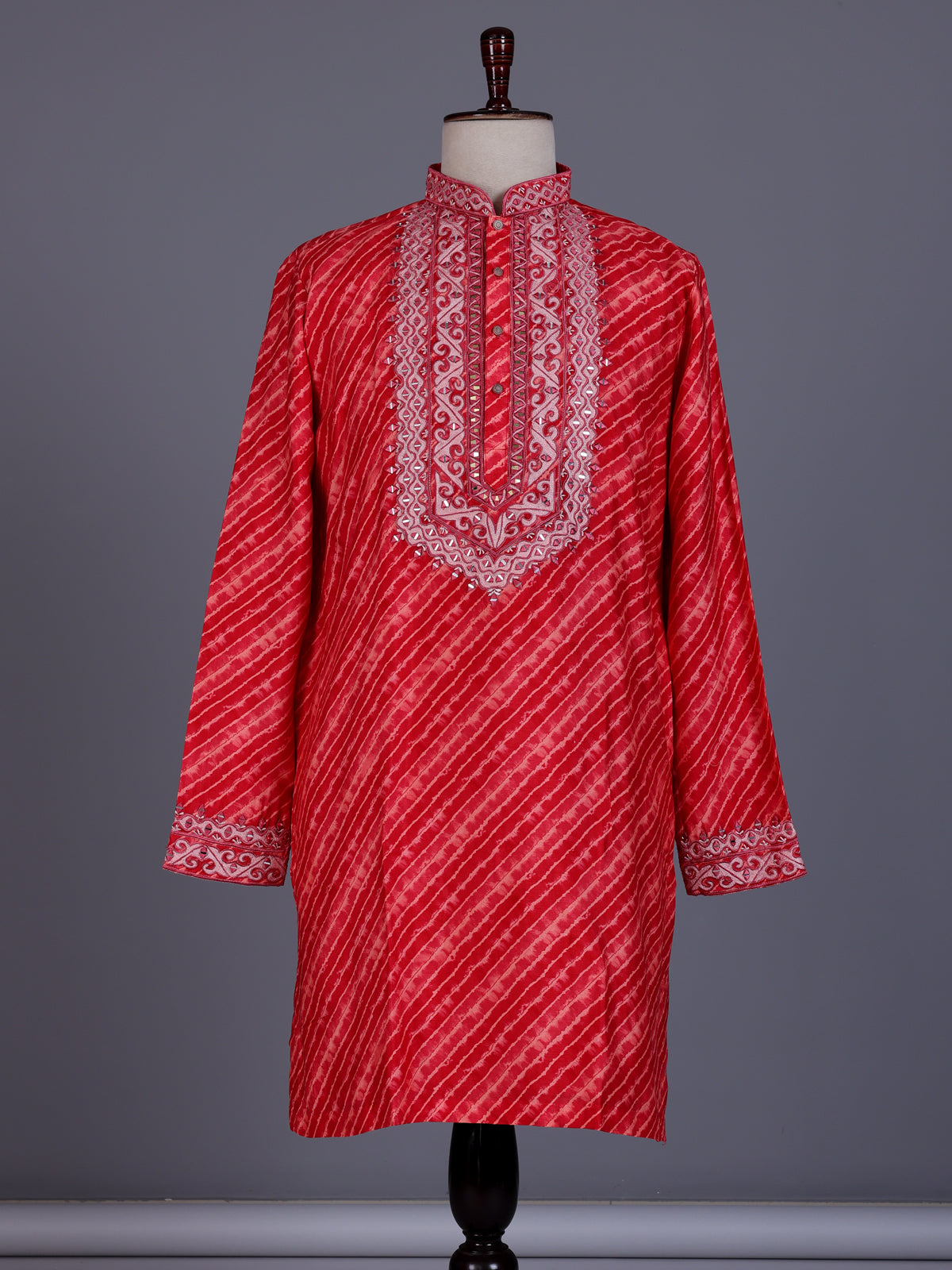 Red Art Silk mens kurta suit with ornate leheriya mirror work yoke