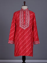 Red Art Silk mens kurta suit with ornate leheriya mirror work yoke