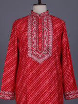 Red Art Silk mens kurta suit with ornate leheriya mirror work yoke