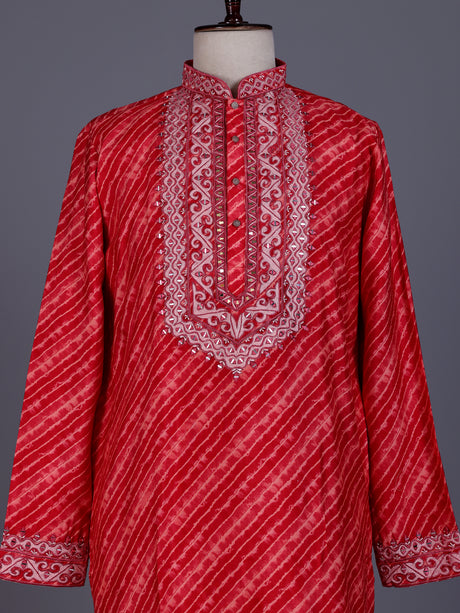 Red Art Silk mens kurta suit with ornate leheriya mirror work yoke