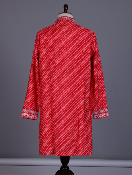 Red Art Silk mens kurta suit with ornate leheriya mirror work yoke