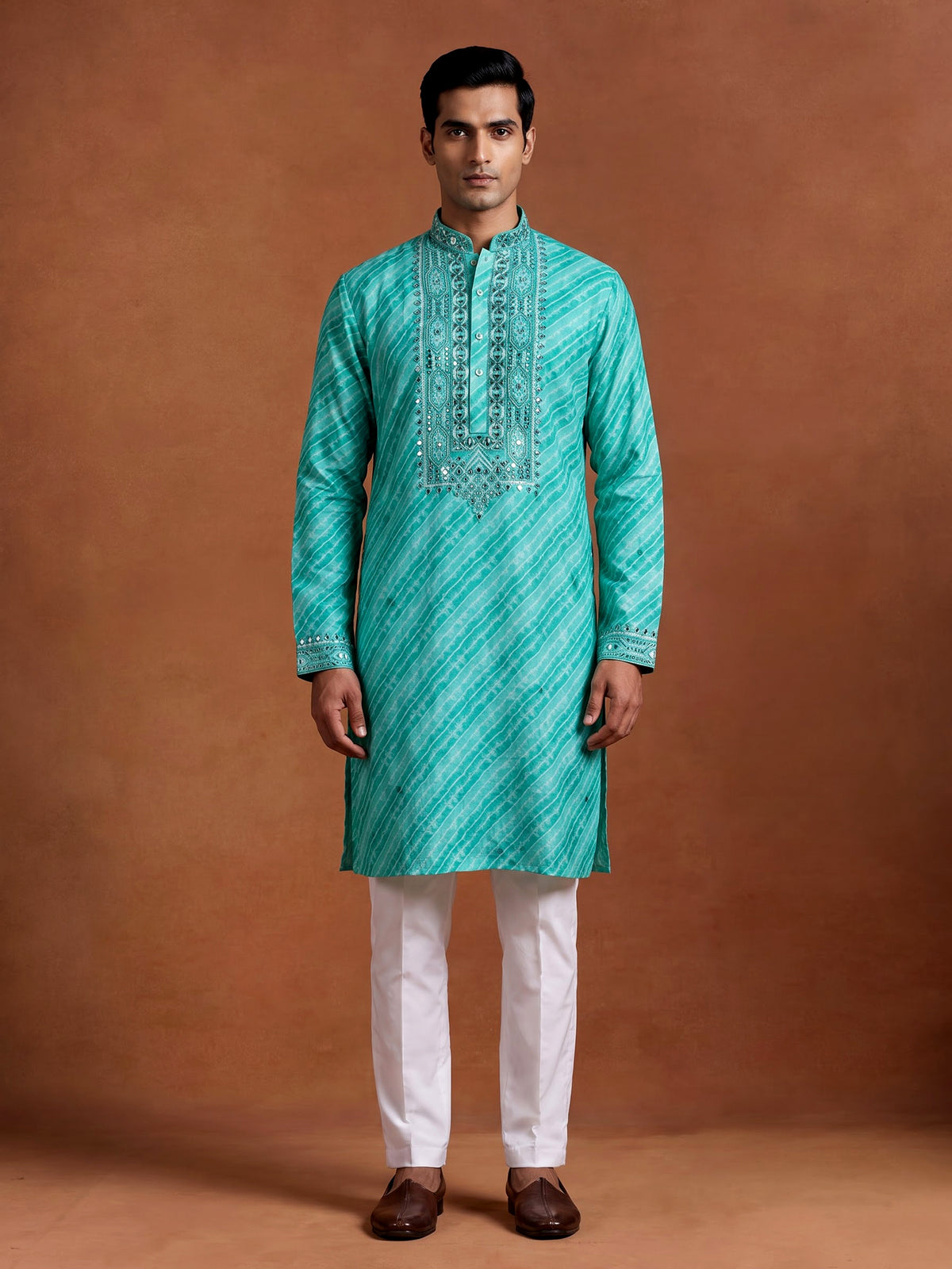 Sea green Art Silk mens kurta suit with mirror embellished yoke