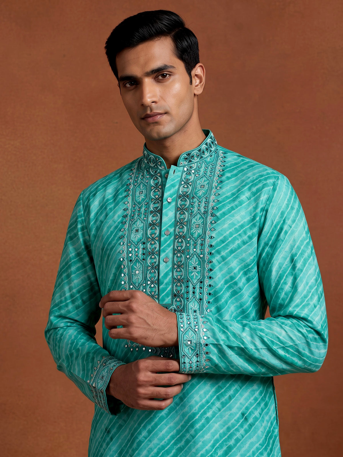 Sea green Art Silk mens kurta suit with mirror embellished yoke