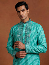 Sea green Art Silk mens kurta suit with mirror embellished yoke
