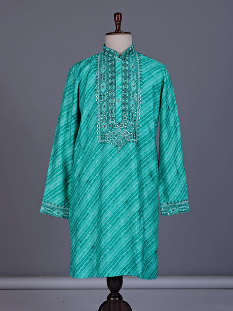 Sea green Art Silk mens kurta suit with mirror embellished yoke