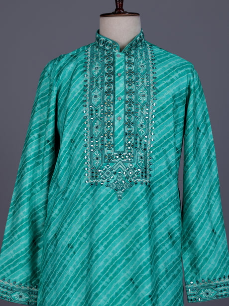 Sea green Art Silk mens kurta suit with mirror embellished yoke