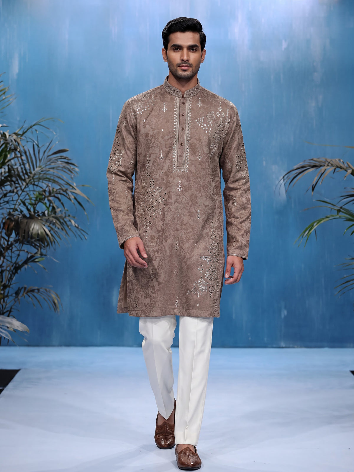 Dark beige Jacquard Silk Blend mens kurta suit with aabla zari detailing