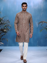 Dark beige Jacquard Silk Blend mens kurta suit with aabla zari detailing
