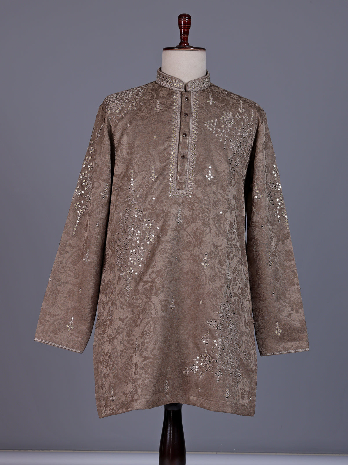 Dark beige Jacquard Silk Blend mens kurta suit with aabla zari detailing