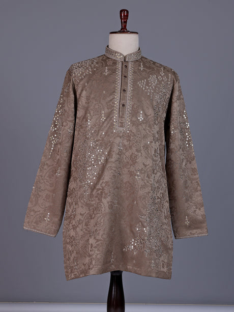 Dark beige Jacquard Silk Blend mens kurta suit with aabla zari detailing