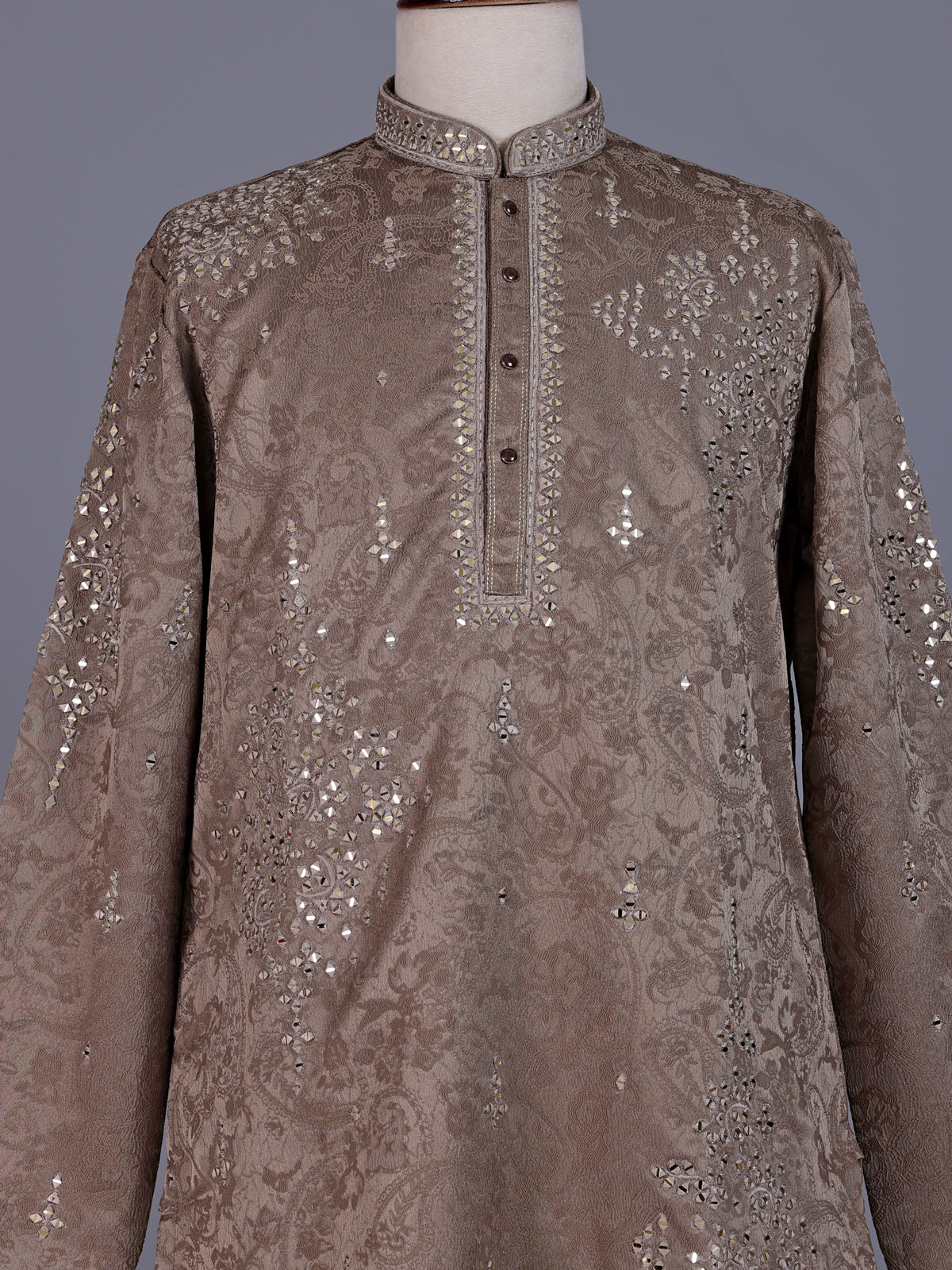Dark beige Jacquard Silk Blend mens kurta suit with aabla zari detailing