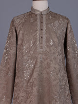 Dark beige Jacquard Silk Blend mens kurta suit with aabla zari detailing
