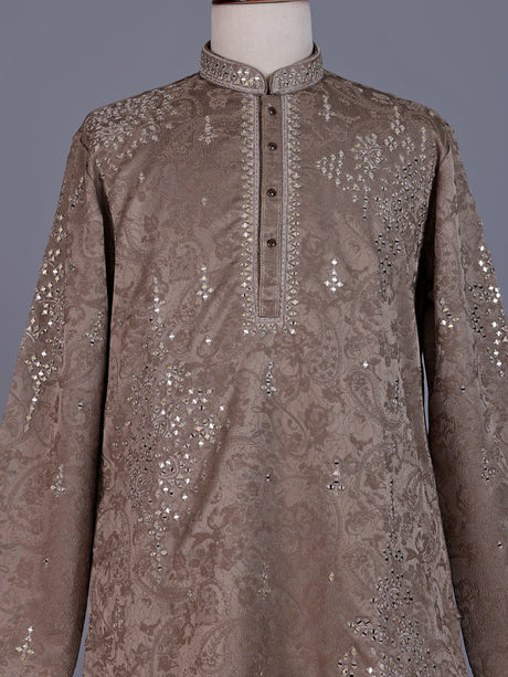 Dark beige Jacquard Silk Blend mens kurta suit with aabla zari detailing