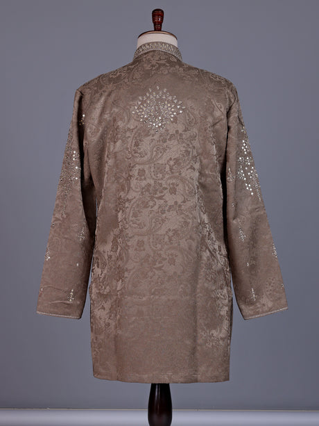 Dark beige Jacquard Silk Blend mens kurta suit with aabla zari detailing