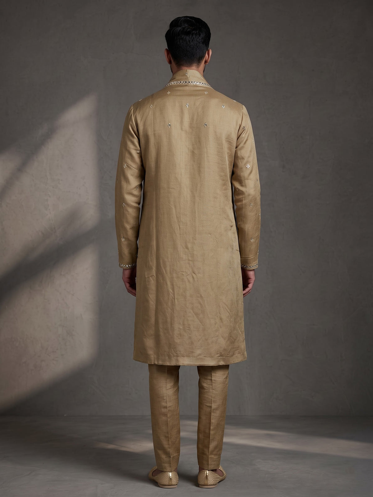 Pastel beige tusser silk mens kurta suit with mirrorwork embellished stole