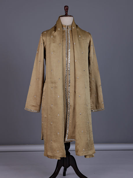 Pastel beige tusser silk mens kurta suit with mirrorwork embellished stole