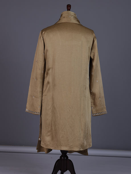 Pastel beige tusser silk mens kurta suit with mirrorwork embellished stole