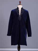 Navy blue Textured Velvet mens kurta suit with tonal embellished V-slit