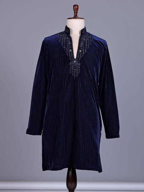 Navy blue Textured Velvet mens kurta suit with tonal embellished V-slit