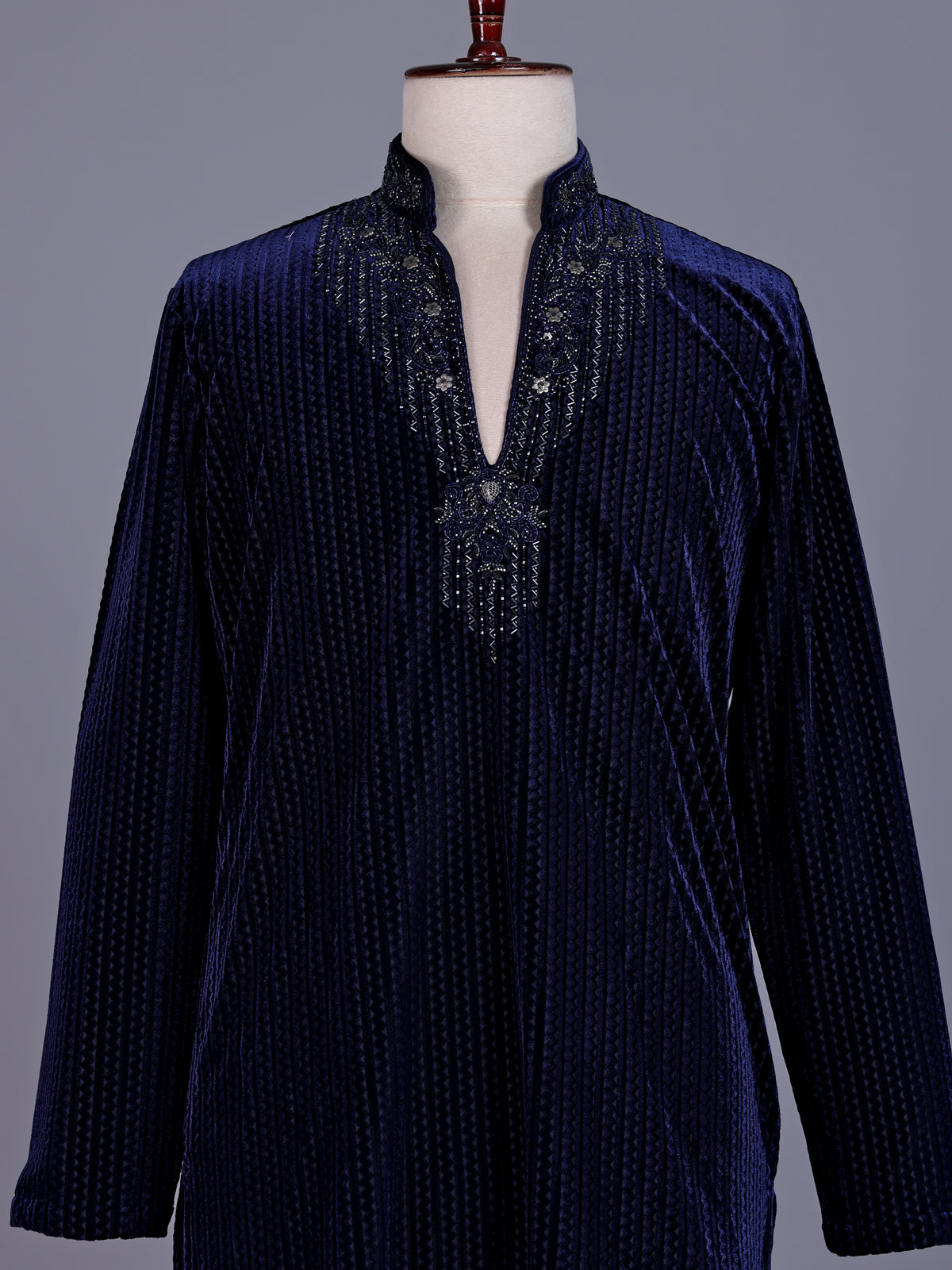 Navy blue Textured Velvet mens kurta suit with tonal embellished V-slit
