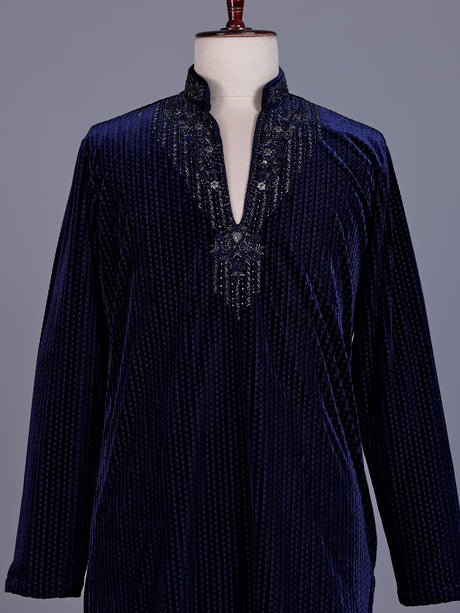 Navy blue Textured Velvet mens kurta suit with tonal embellished V-slit