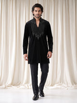 Black Textured Velvet mens kurta suit with embellished V-shaped yoke detailing