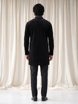 Black Textured Velvet mens kurta suit with embellished V-shaped yoke detailing