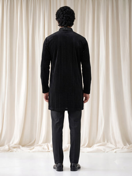 Black Textured Velvet mens kurta suit with embellished V-shaped yoke detailing