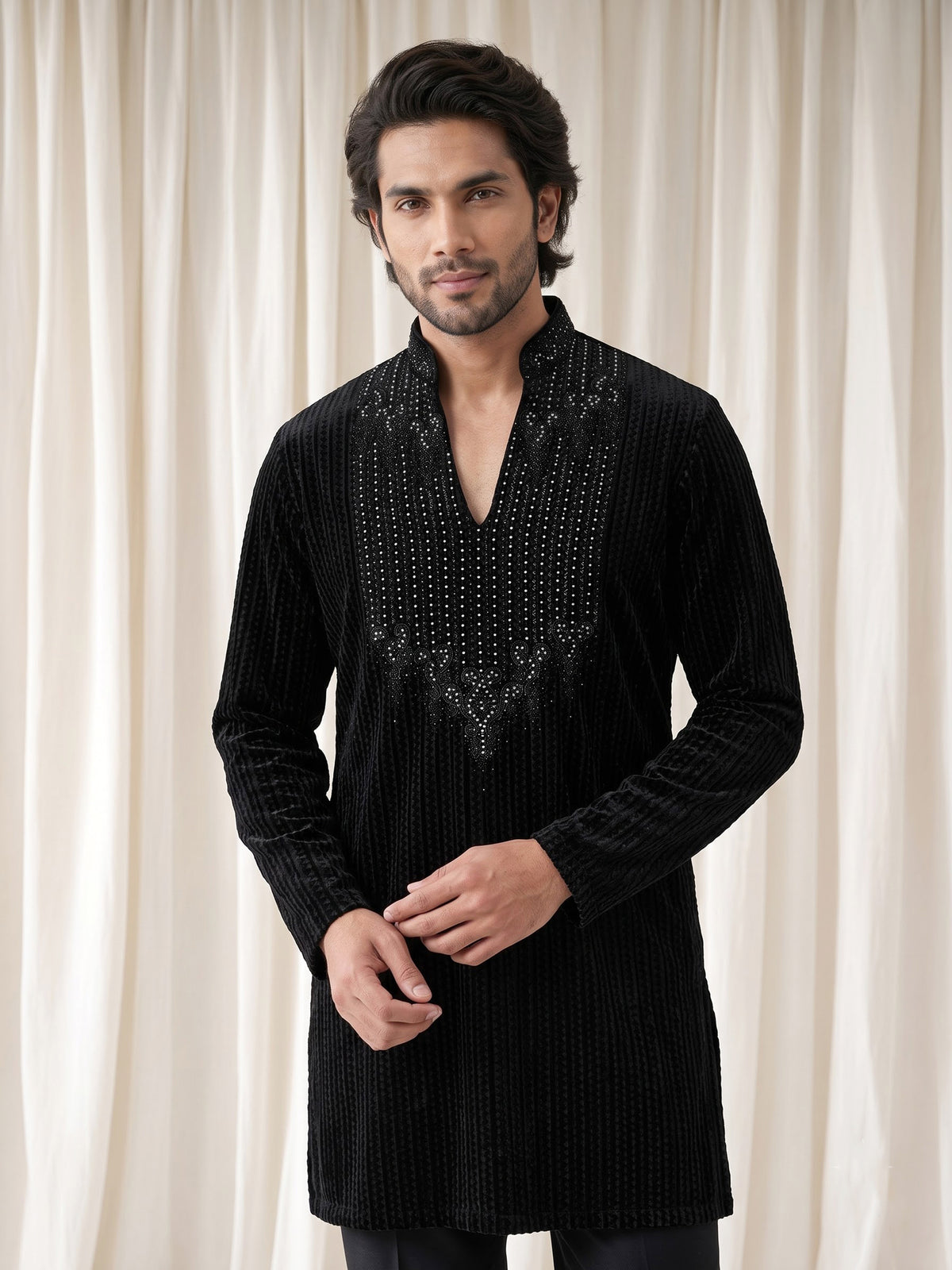 Black Textured Velvet mens kurta suit with embellished V-shaped yoke detailing