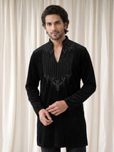 Black Textured Velvet mens kurta suit with embellished V-shaped yoke detailing