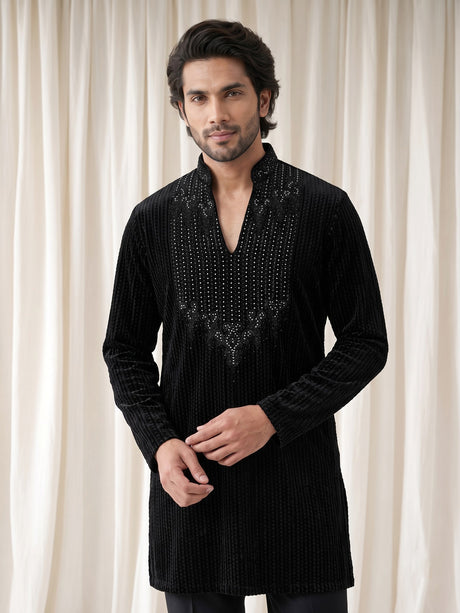 Black Textured Velvet mens kurta suit with embellished V-shaped yoke detailing
