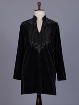 Black Textured Velvet mens kurta suit with embellished V-shaped yoke detailing
