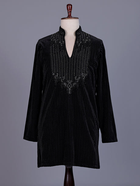 Black Textured Velvet mens kurta suit with embellished V-shaped yoke detailing