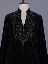 Black Textured Velvet mens kurta suit with embellished V-shaped yoke detailing