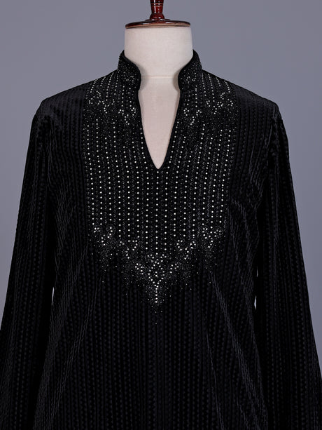 Black Textured Velvet mens kurta suit with embellished V-shaped yoke detailing