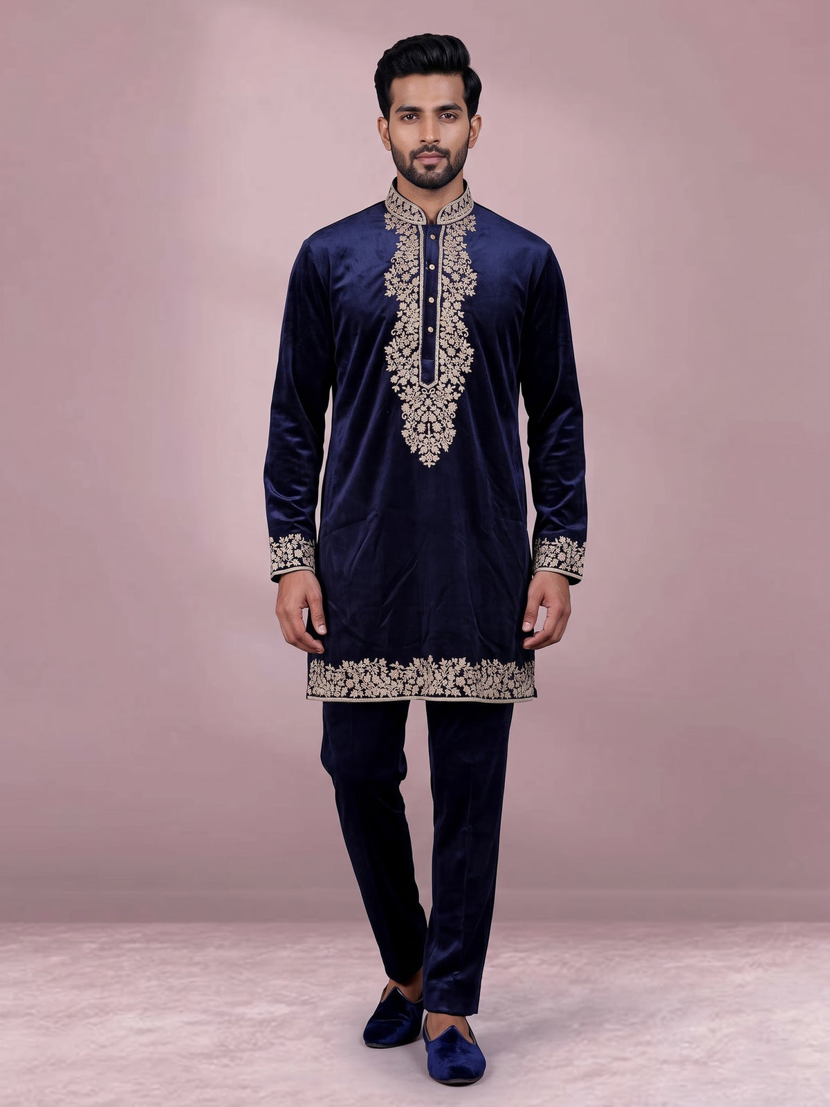Blue micro velvet mens kurta suit with floral stone cutdana yoke