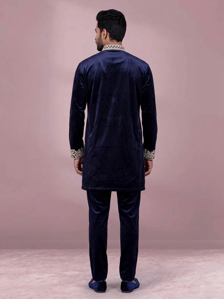 Blue micro velvet mens kurta suit with floral stone cutdana yoke