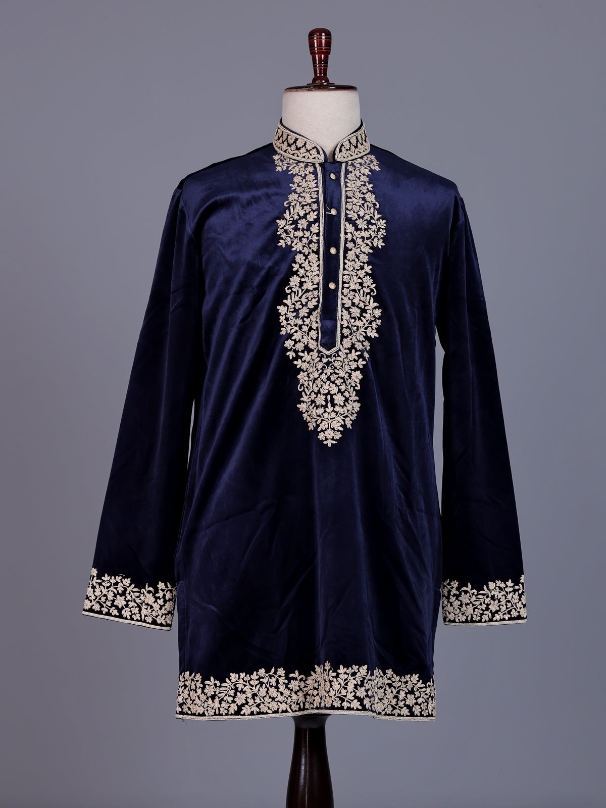 Blue micro velvet mens kurta suit with floral stone cutdana yoke