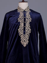 Blue micro velvet mens kurta suit with floral stone cutdana yoke