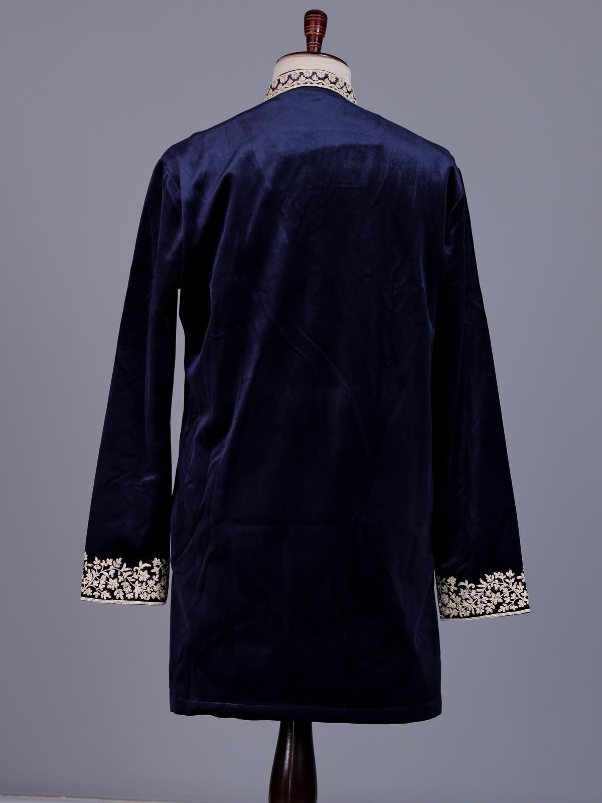 Blue micro velvet mens kurta suit with floral stone cutdana yoke