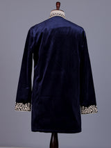 Blue micro velvet mens kurta suit with floral stone cutdana yoke