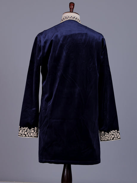 Blue micro velvet mens kurta suit with floral stone cutdana yoke